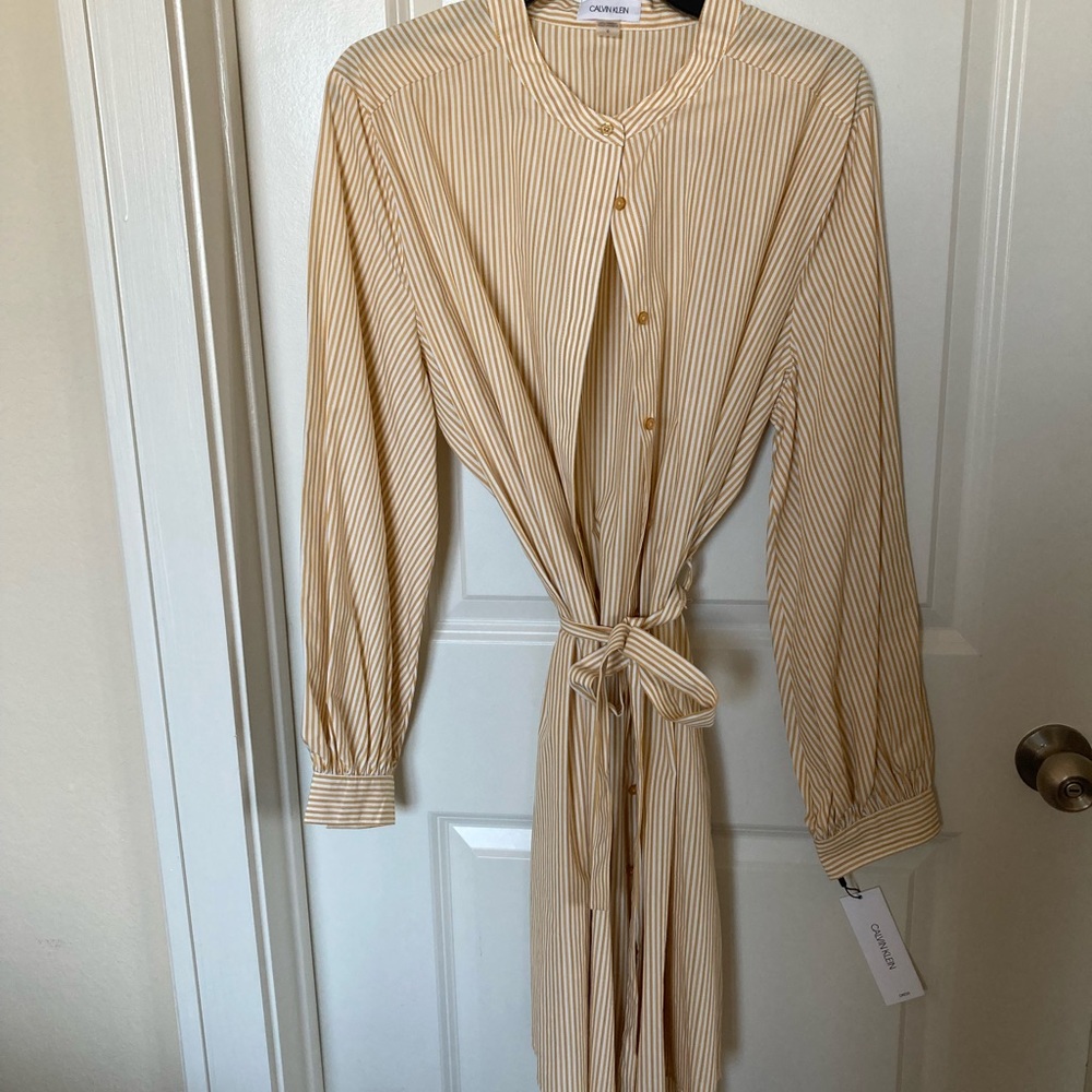 New, Calvin Klein shirt dress, yellow and white stripes, size 16